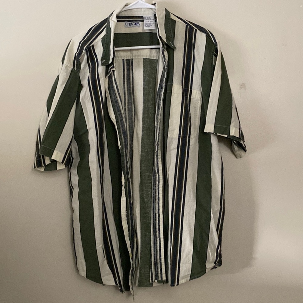 Cherokee | Men’s Vintage Green & White Button Down Striped Collared Shirt